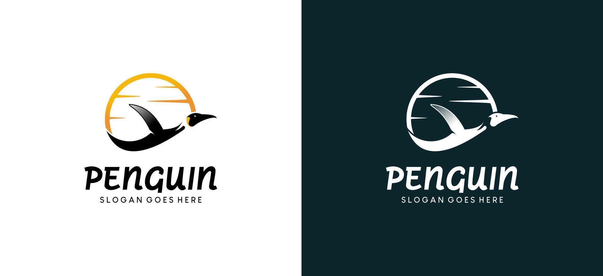 Flying penguin logo design template with sky background vector
