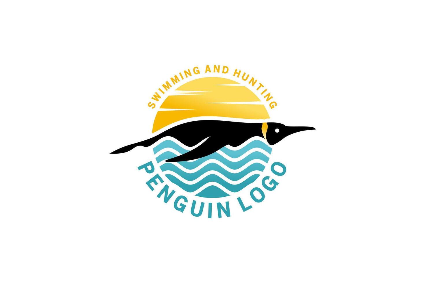 Swimming penguin logo design template with ocean and sun symbols vector