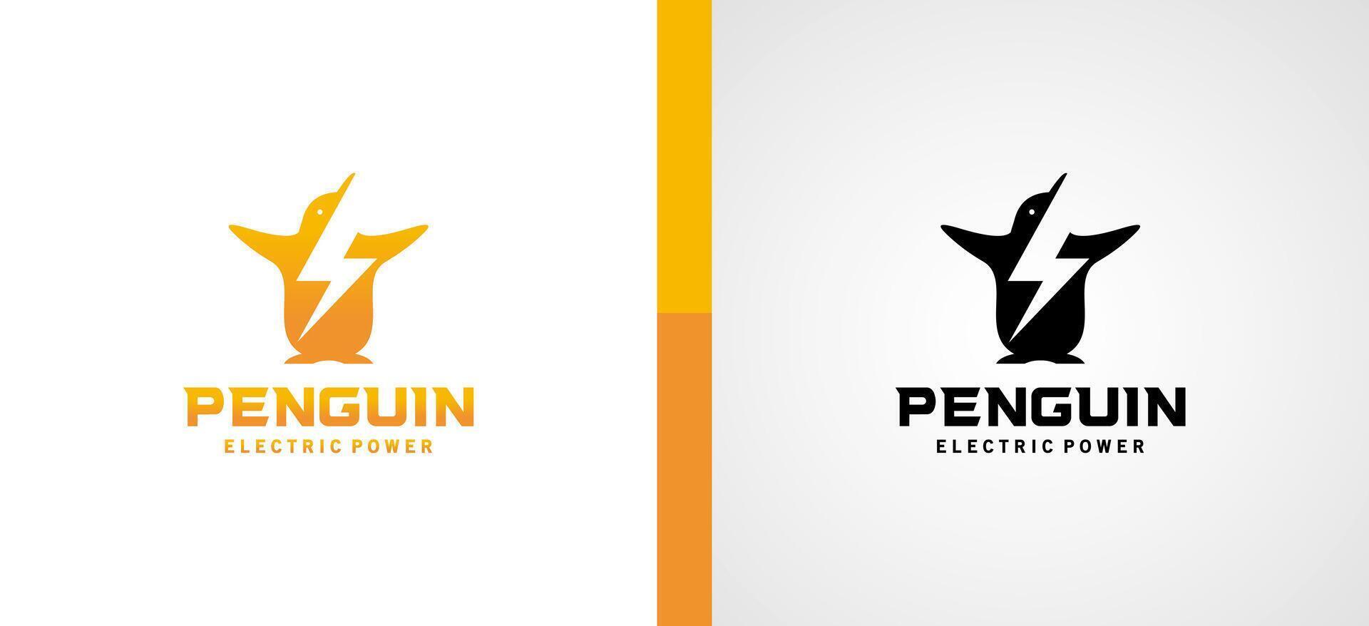 Penguin power logo design with electricity icon symbol vector