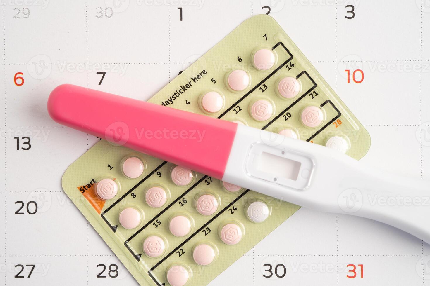 Pregnancy test and birth control pills, contraception health and medicine. photo