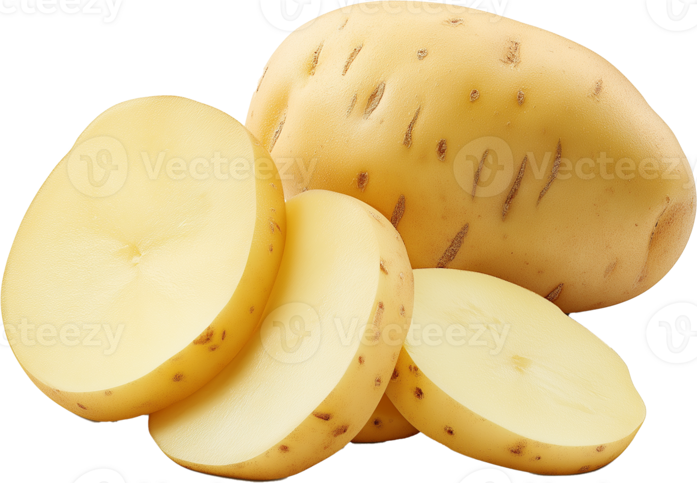 Potato Vegetable isolated, Solanum tuberosum Clipart, potatoes with cut in slices Illustration png
