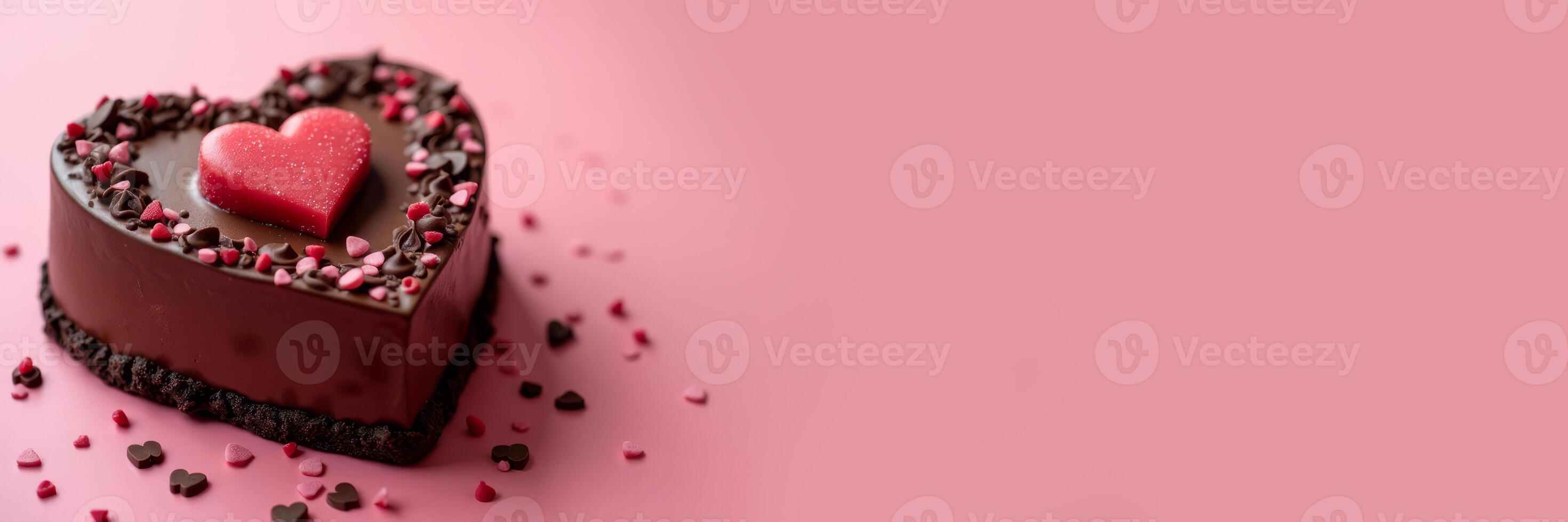 Heart-shaped chocolate mousse cake for Valentine's Day on a pink monotone background. Banner with copy space. photo