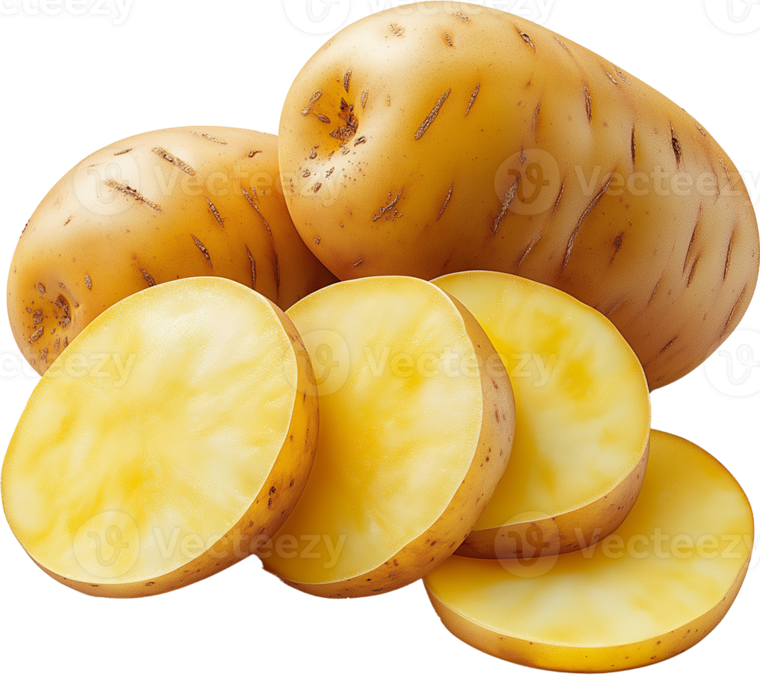 Potato Vegetable isolated, Solanum tuberosum Clipart, Fresh potatoes with slices Illustration png