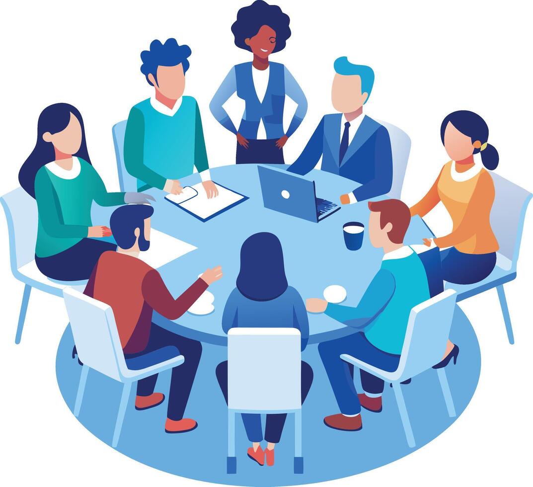 Partners meeting for business discussion with documents and laptop on desk. Couple at round table, speaking, discussing work, partnership. Flat on a white background vector