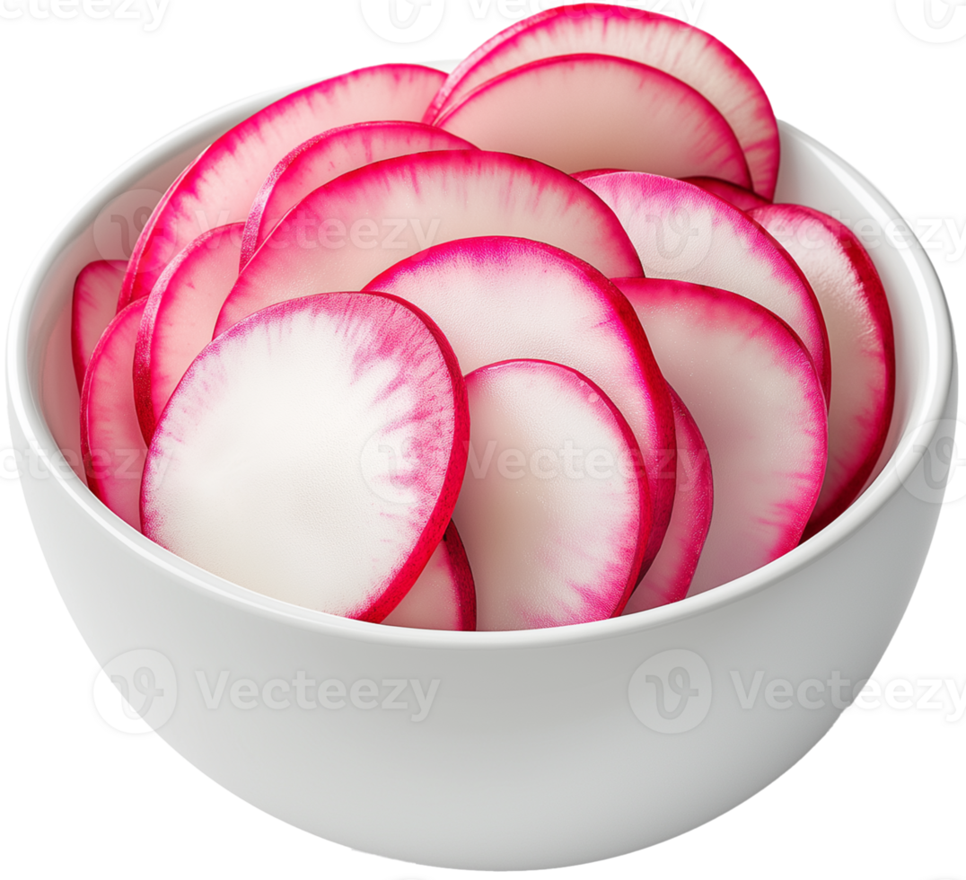 Radish vegetable isolated, Raphanus sativus Clipart, Radish slices in white bowl Illustration png
