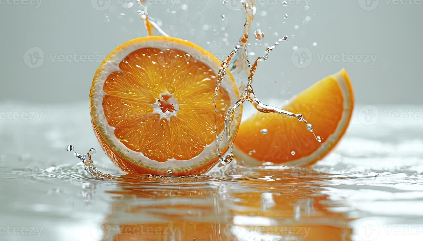 Orange slices in water smooth surface. Bright upright on wet surface photo