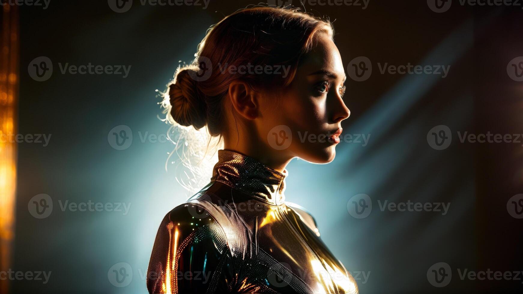 Bodysuit shimmering fabric bold pose dramatic backlighting powerful and confident photo