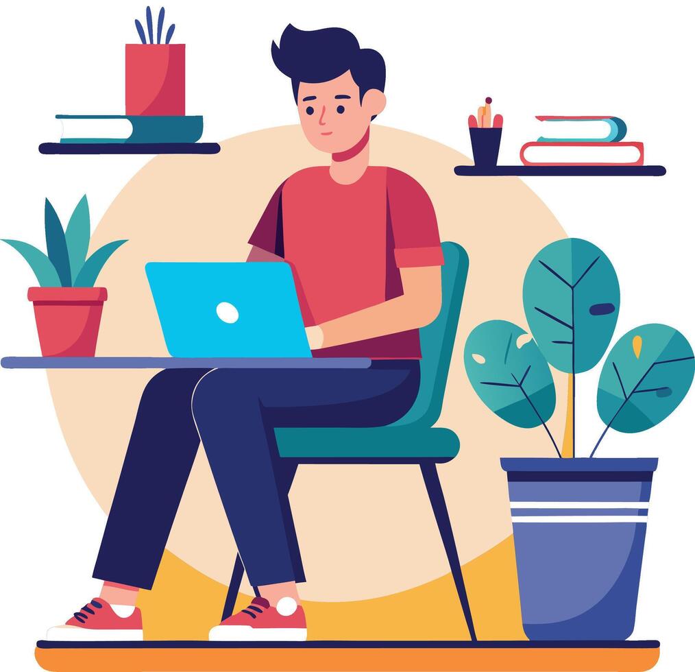A young man works at a laptop from home in a bag chair. Working from home during the pandemic. Work in quarantine. Happy guy at the laptop. flat illustration vector