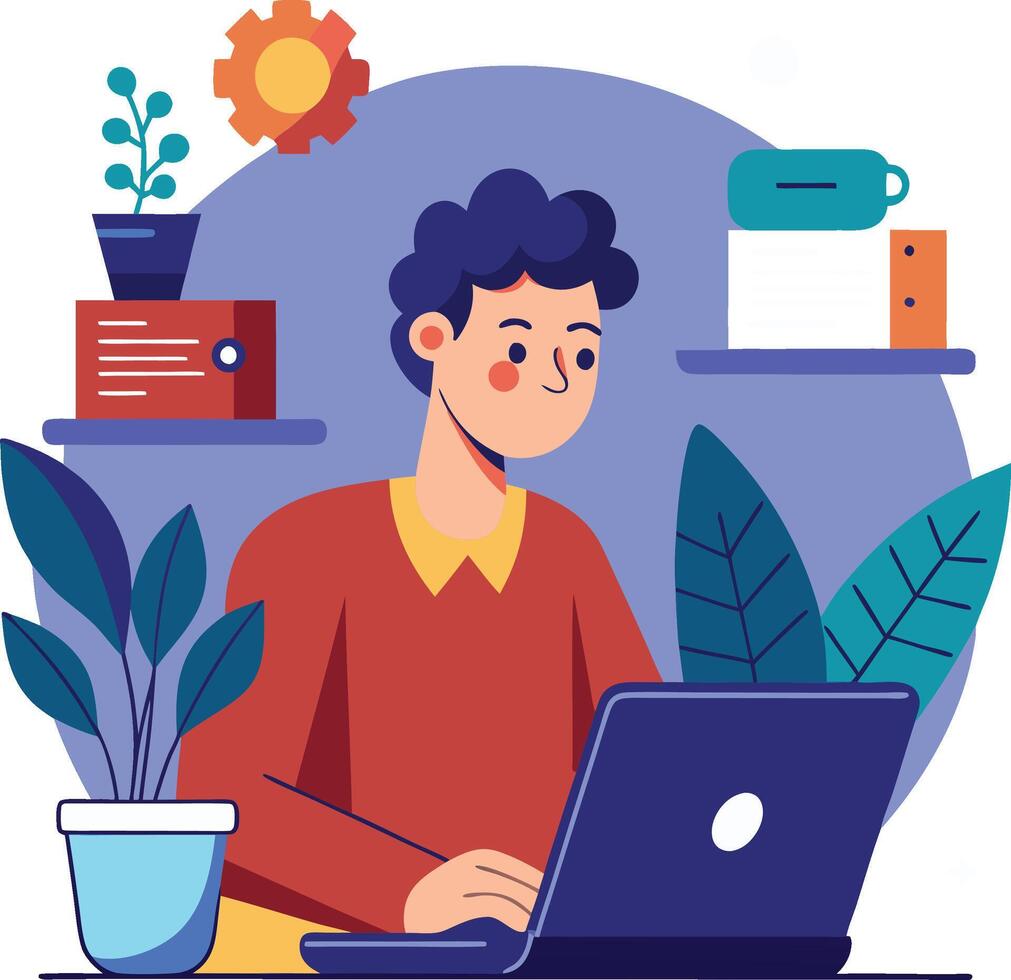a man is using his laptop sitting on a chair looking in the laptop colourful on a white background vector