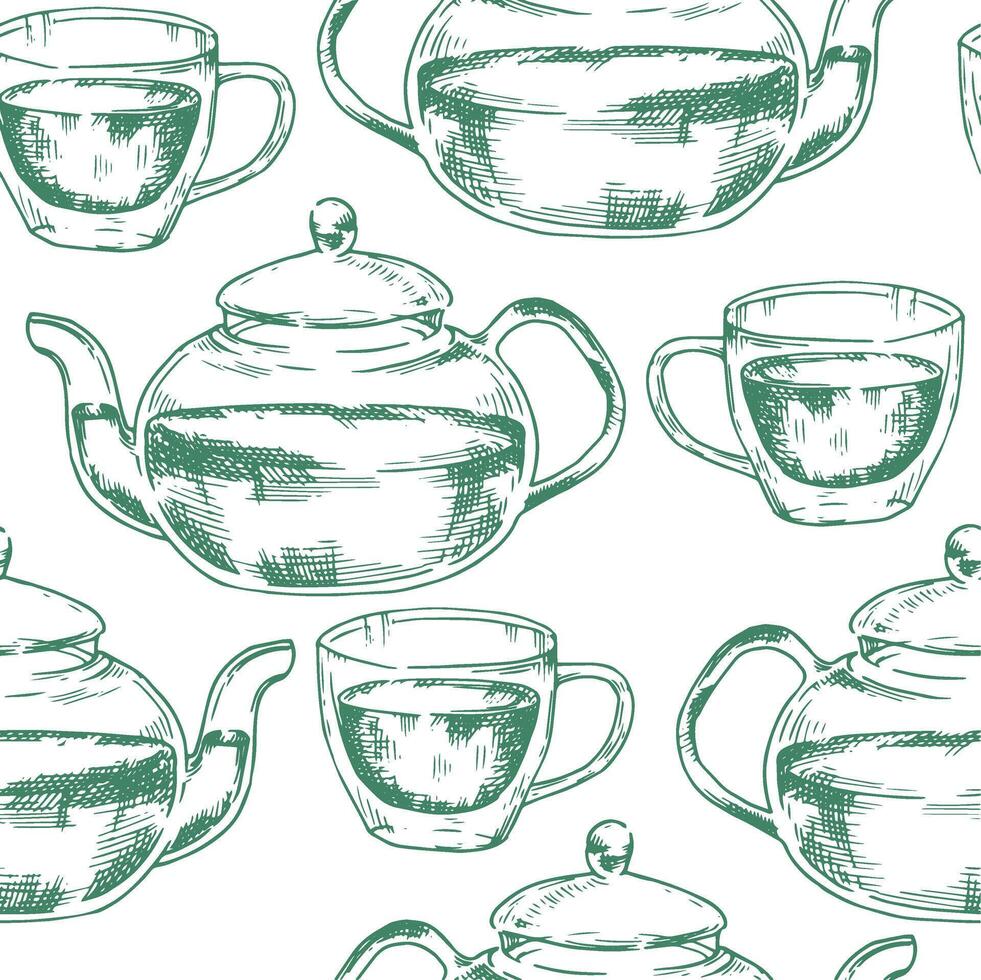 seamless pattern of a teapot with a cup of tea. illustration in sketch style vector