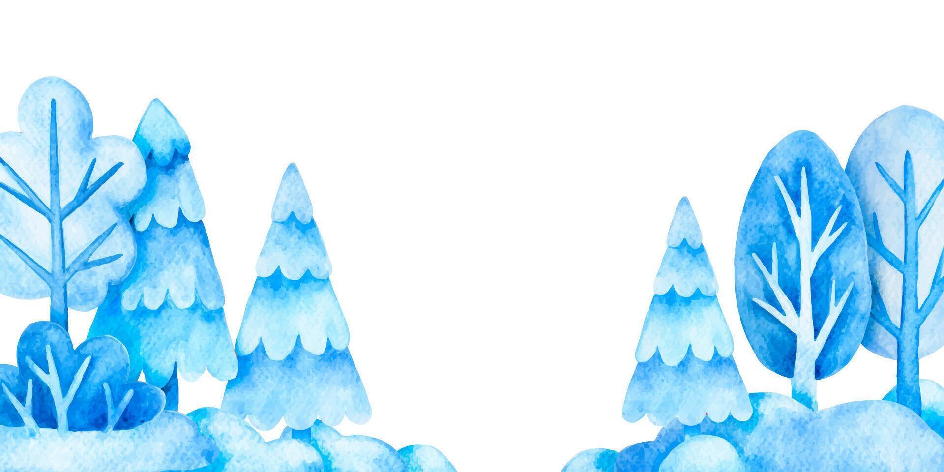 watercolor border with winter trees and fir trees, snowdrifts. Christmas frame, winter, new year. vector