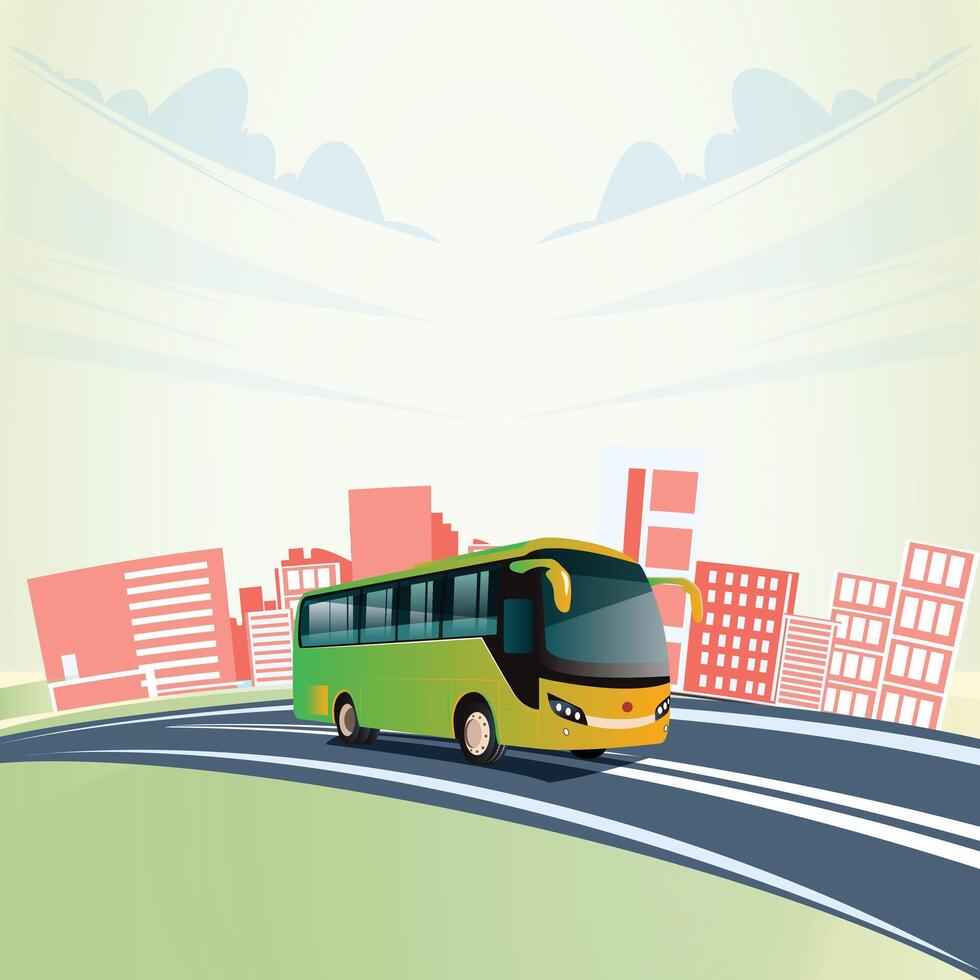 The bus rides along the city road against the background of houses vector
