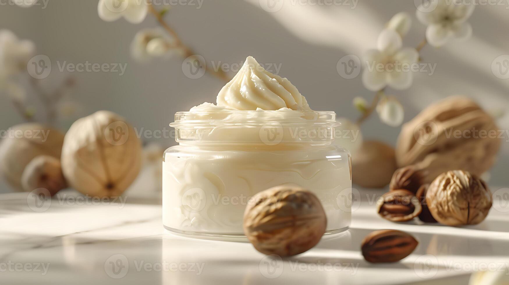 luxurious shea butter cream displayed in a glass jar surrounded by natural shea nuts on a clean white backdrop. photo