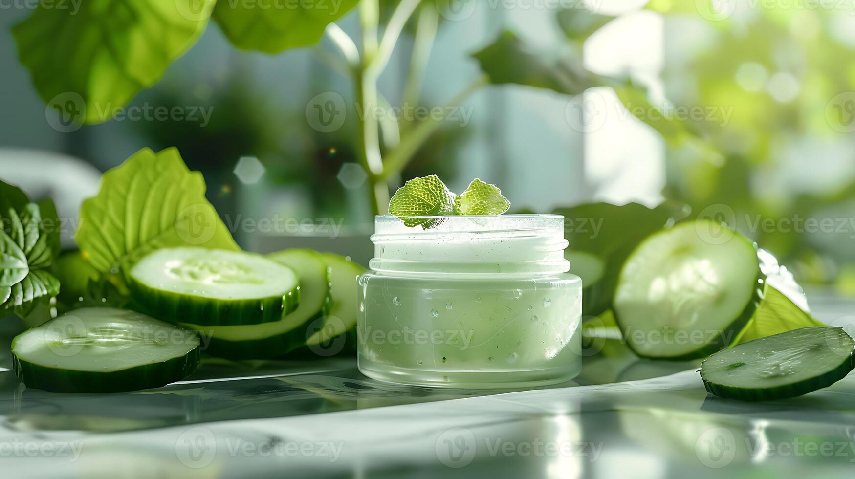 fresh cucumber body lotion displayed with cucumber slices and leaves on a wooden table photo