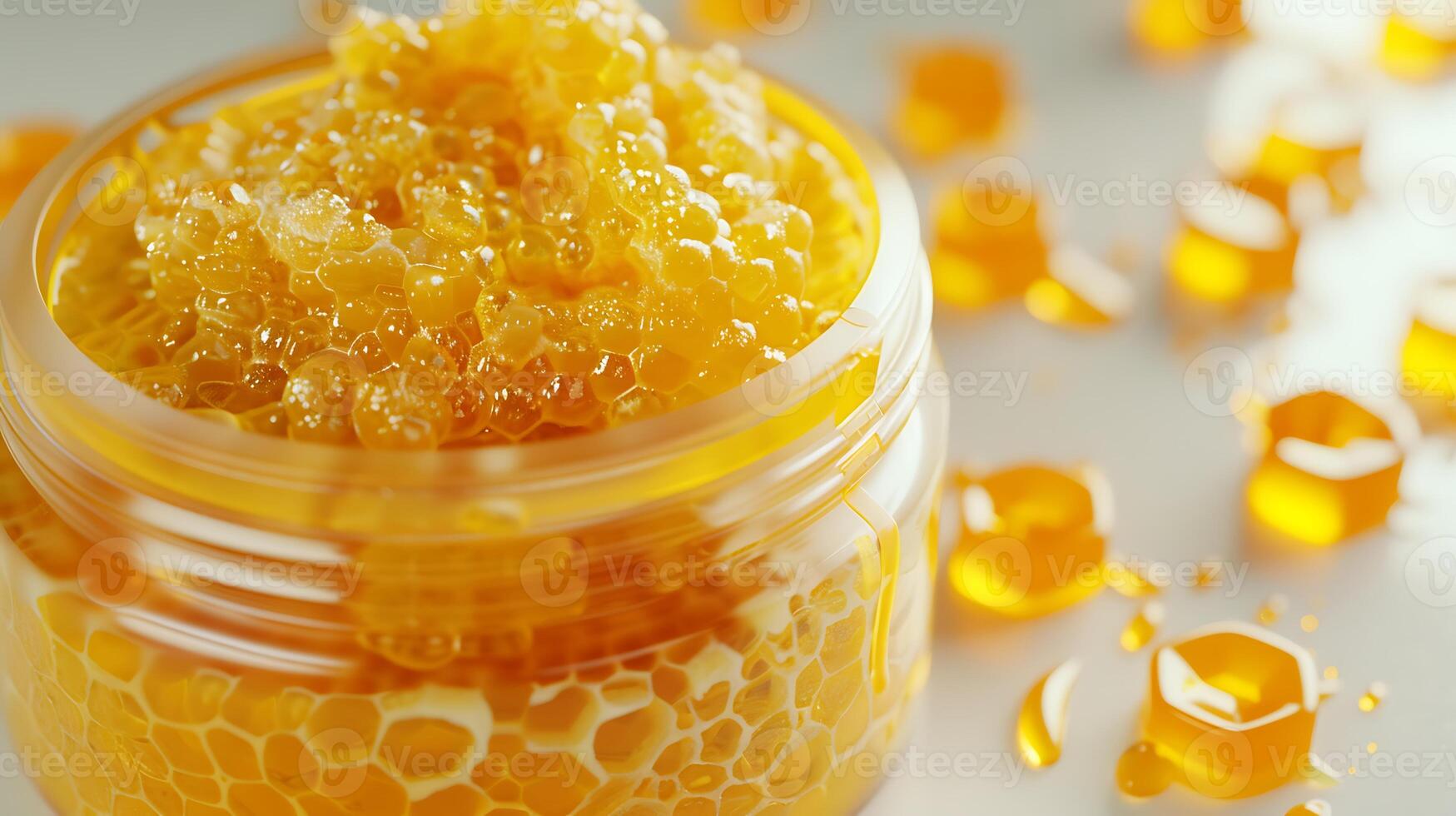 luxurious honey body scrub in a container on a white background with honeycomb accents, ideal for exfoliation and skin rejuvenation photo