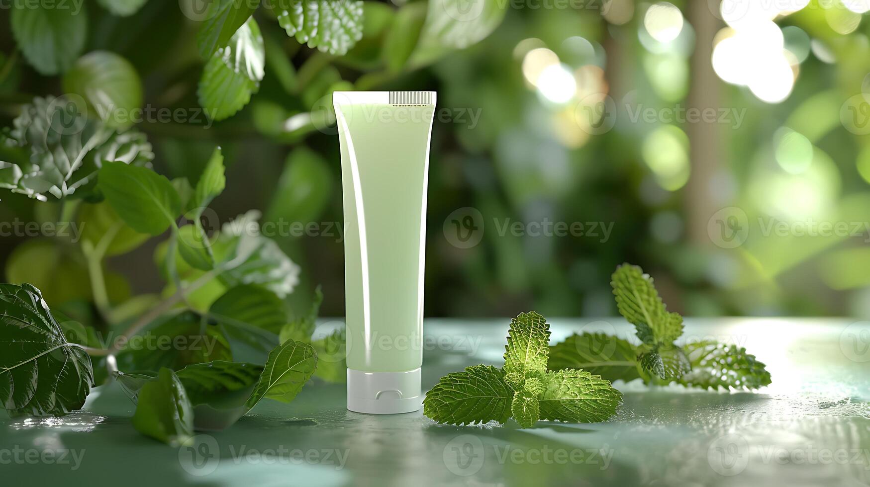 fresh peppermint facial toner displayed on a wooden table with vibrant peppermint leaves photo