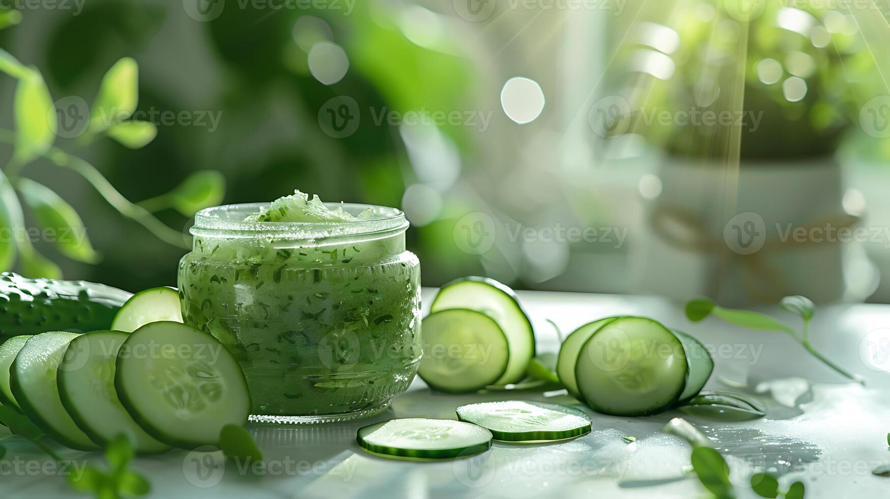 fresh cucumber face mask with natural ingredients on wooden table, surrounded by cucumber slices and leaves. photo