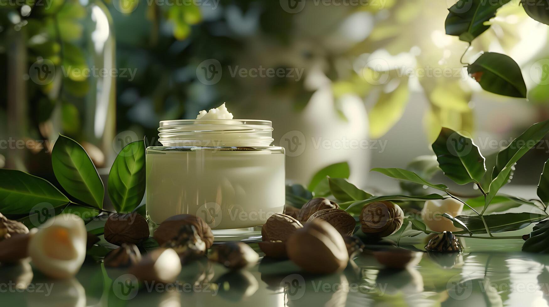 a jar of luxurious shea butter body cream displayed on a wooden table alongside shea nuts and leaves. photo