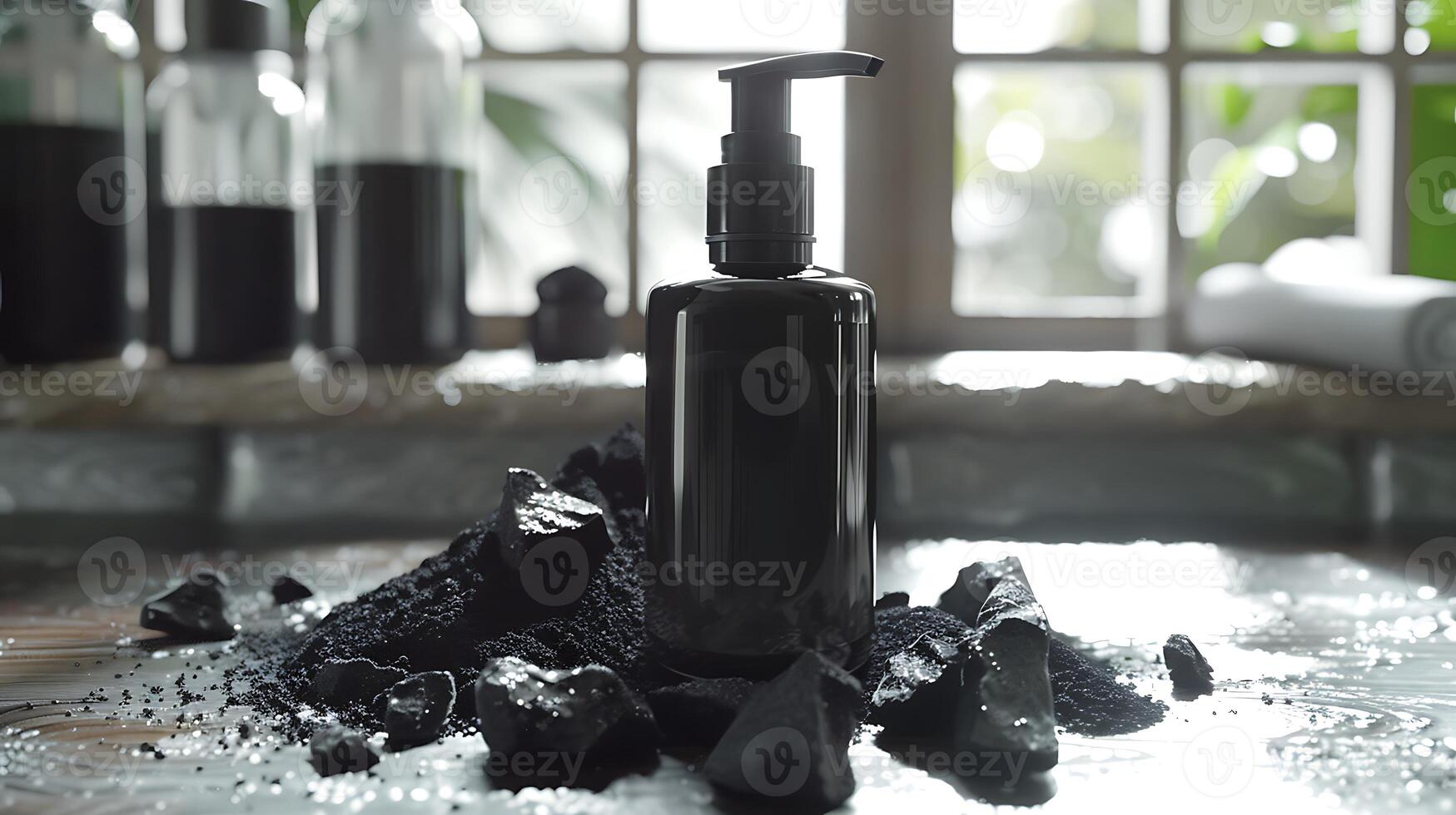 a jar of charcoal face wash surrounded by activated charcoal chunks on a wooden surface photo