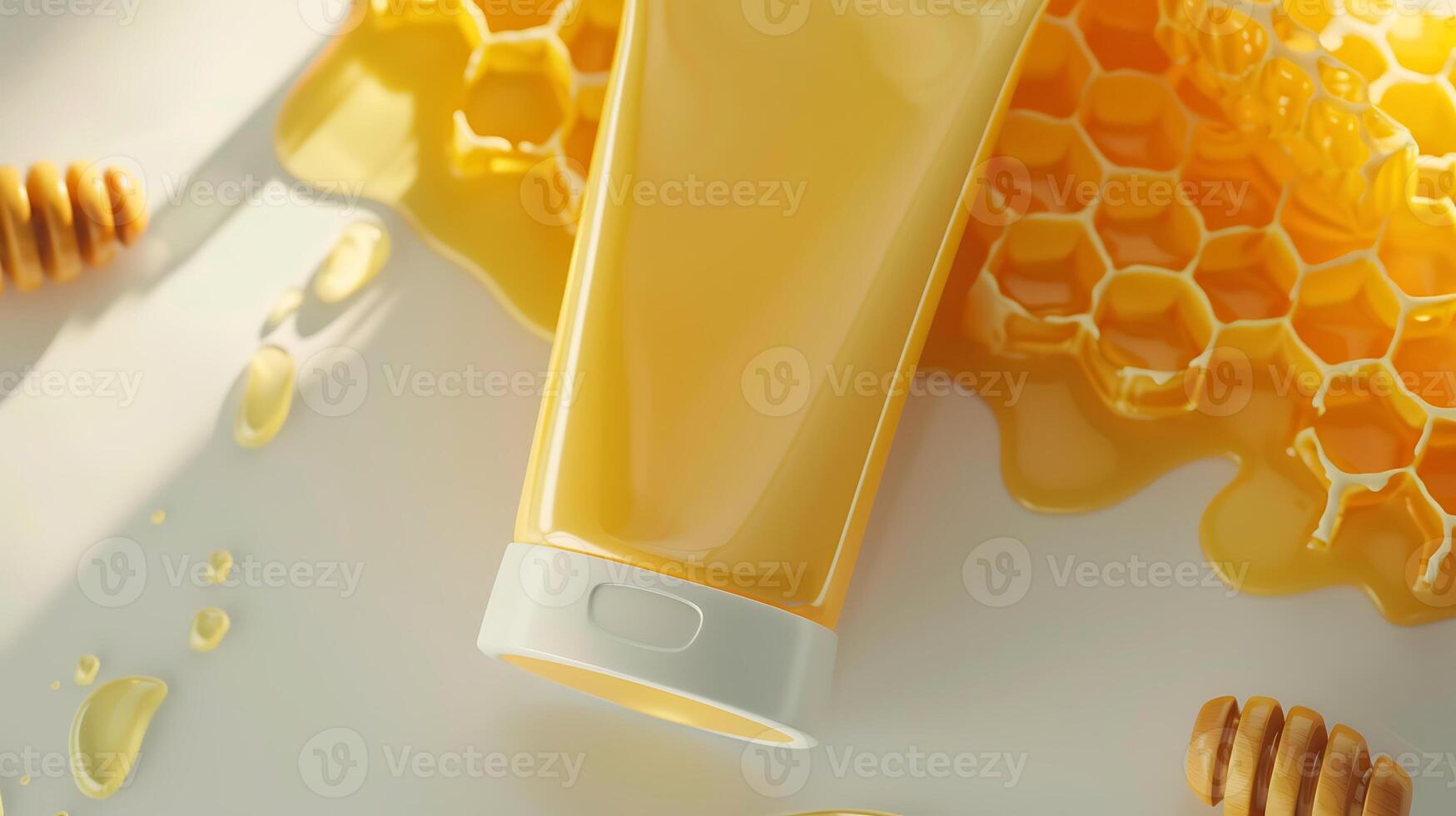 luxurious honey face mask in a stylish tube, showcased on a clean and elegant white backdrop adorned with a beautiful honeycomb pattern. photo