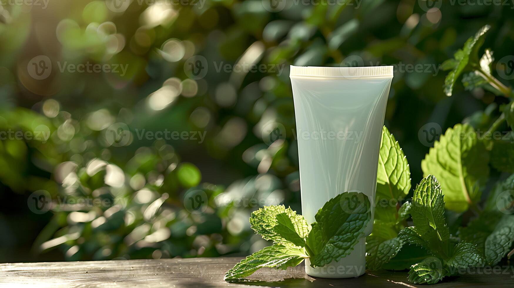fresh peppermint foot cream tube displayed with vibrant peppermint leaves on a wooden table photo