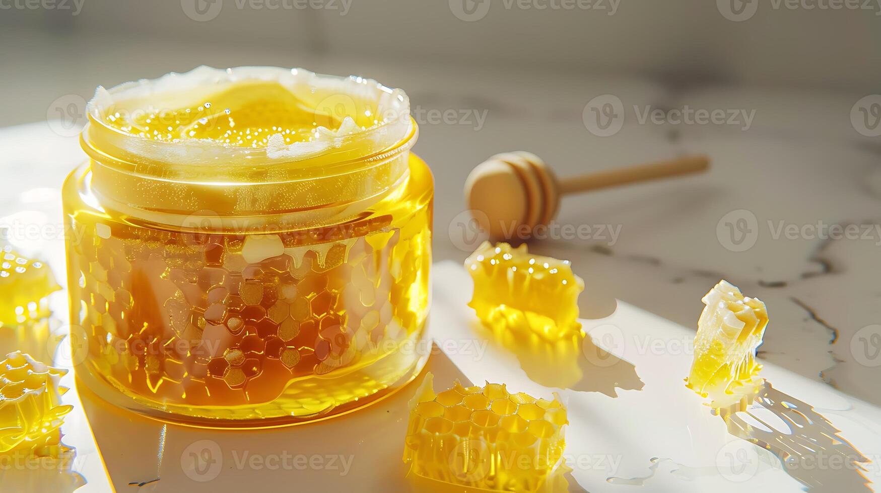 a jar of honey face scrub displayed on a clean white background with a honeycomb design, perfect for natural skincare routines. photo