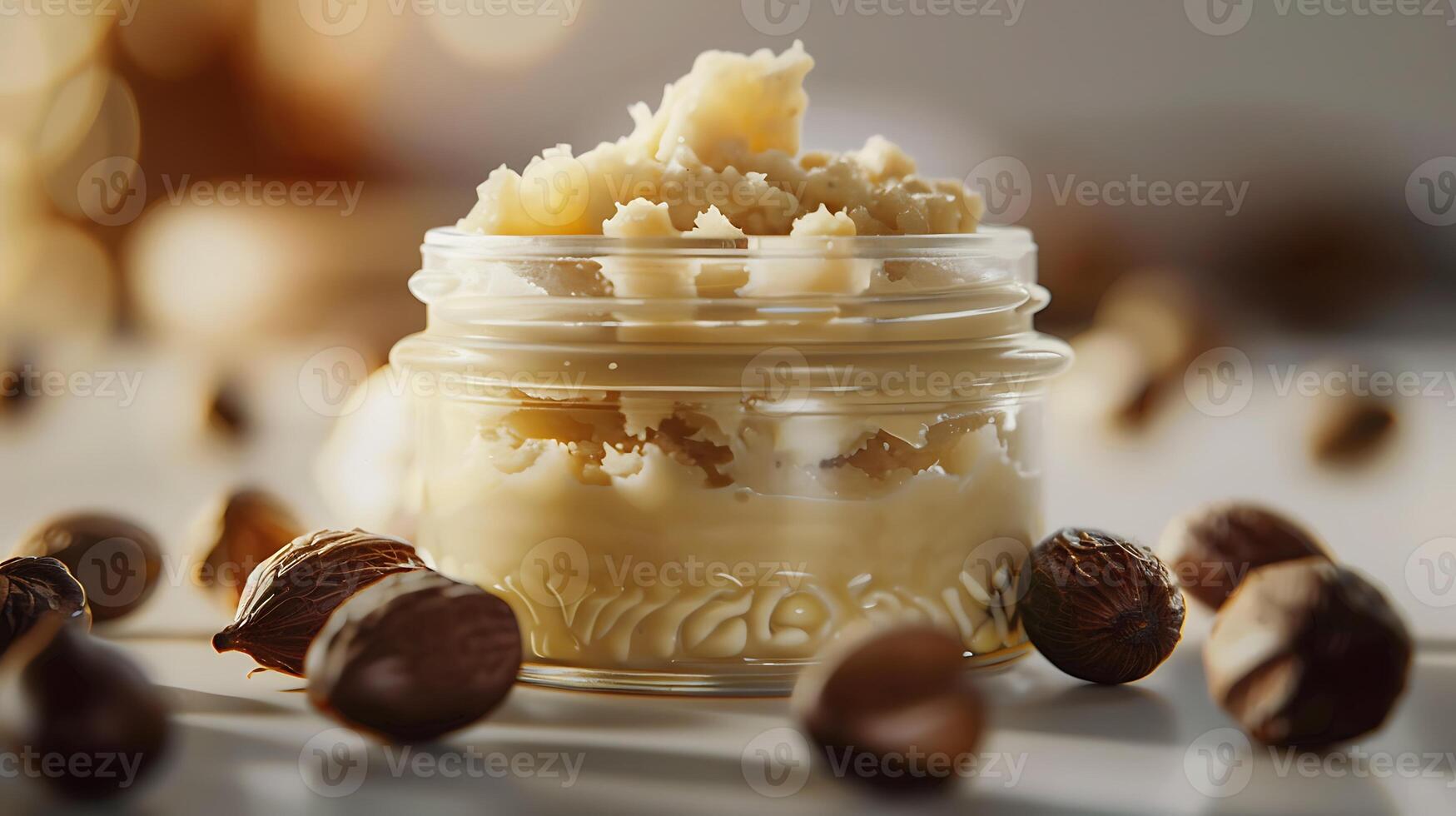 luxurious shea butter face scrub in a glass jar with organic shea nuts on a clean white surface photo