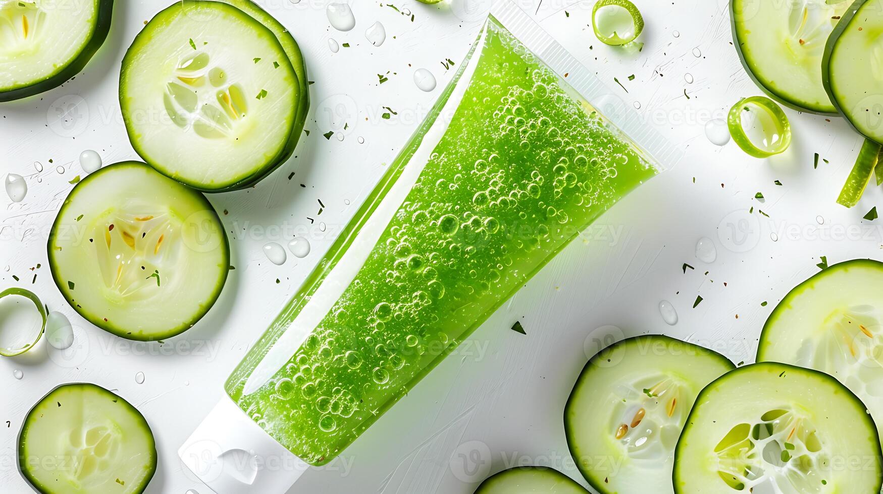 fresh cucumber face scrub tube set on a clean white background with cucumber slices from garden. photo