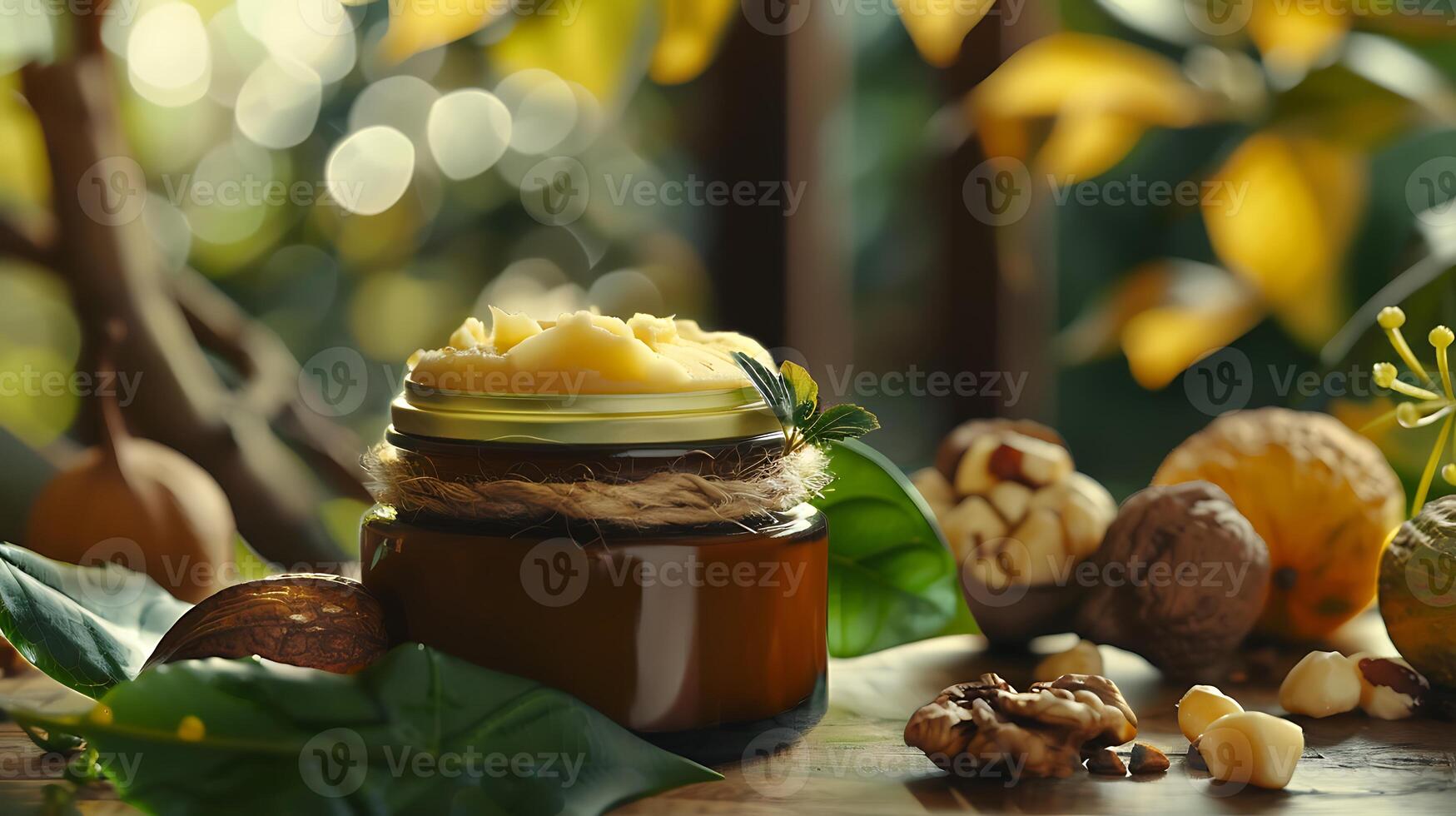 luxurious shea butter facial moisturizer in a glass jar surrounded by natural shea nuts and leaves on a wooden table. photo