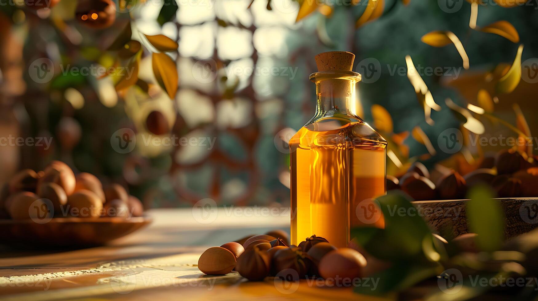 luxurious bottle of argan oil surrounded by organic argan nuts and leaves on a wooden table photo