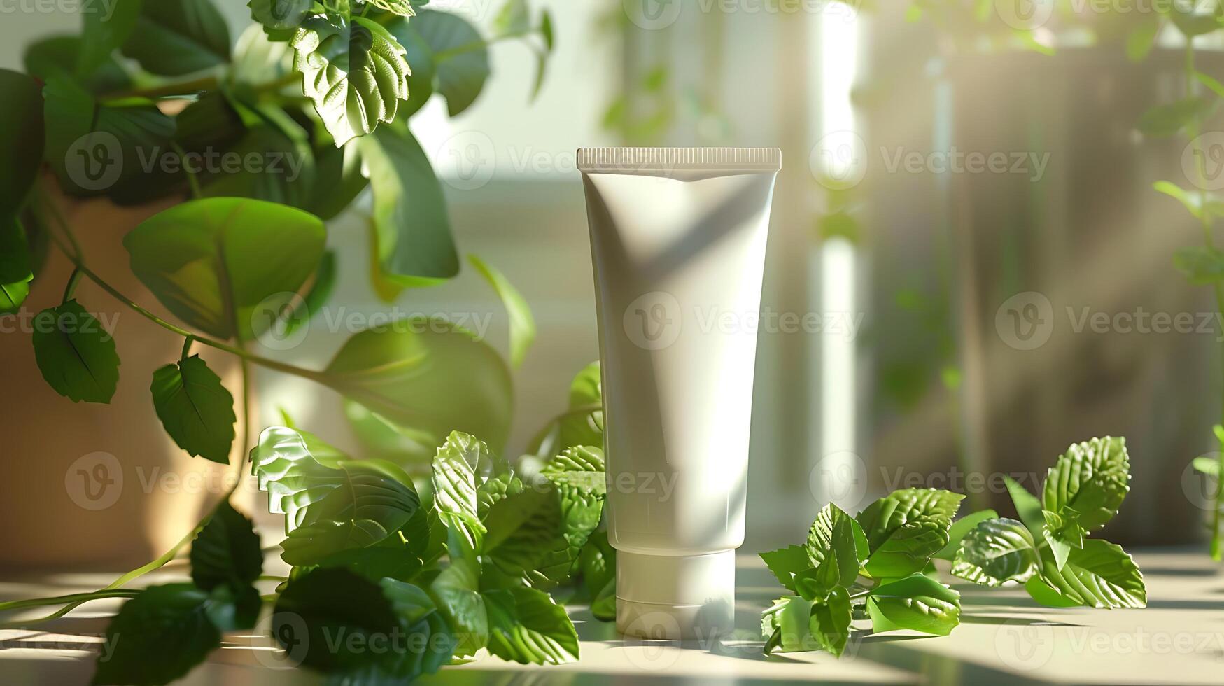 fresh peppermint body lotion tube with peppermint leaves on table photo