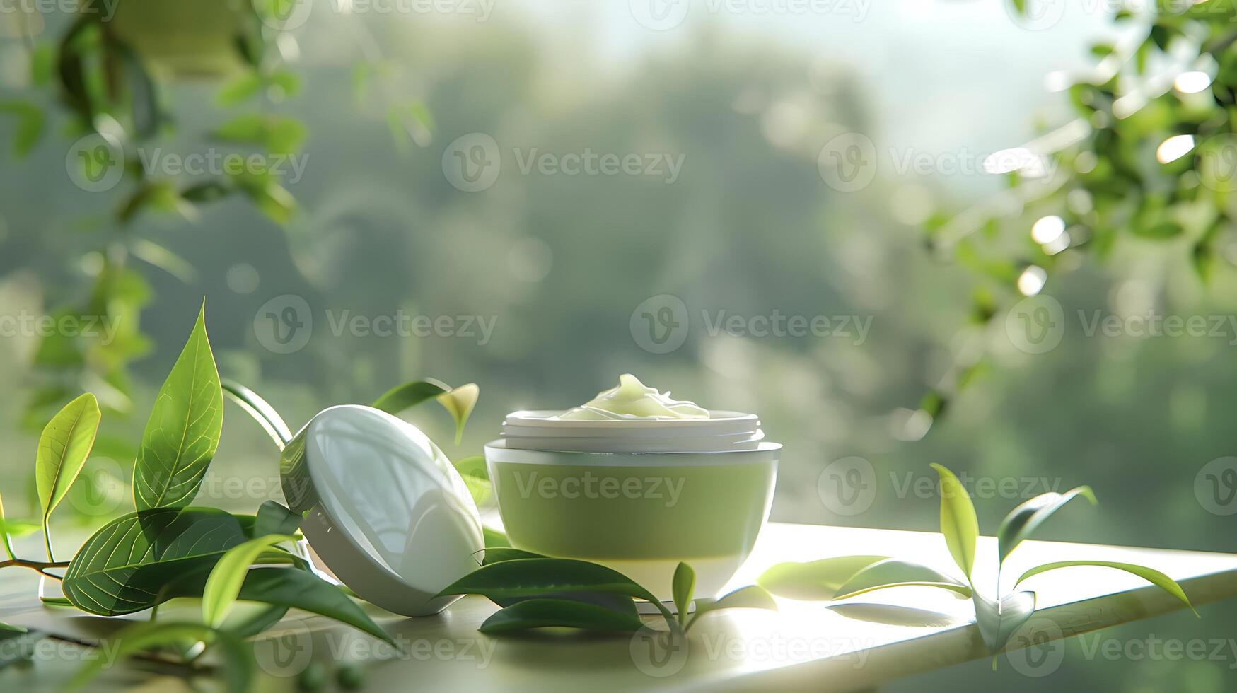 natural green tea facial cleanser with organic green tea leaves and tea cup on table photo