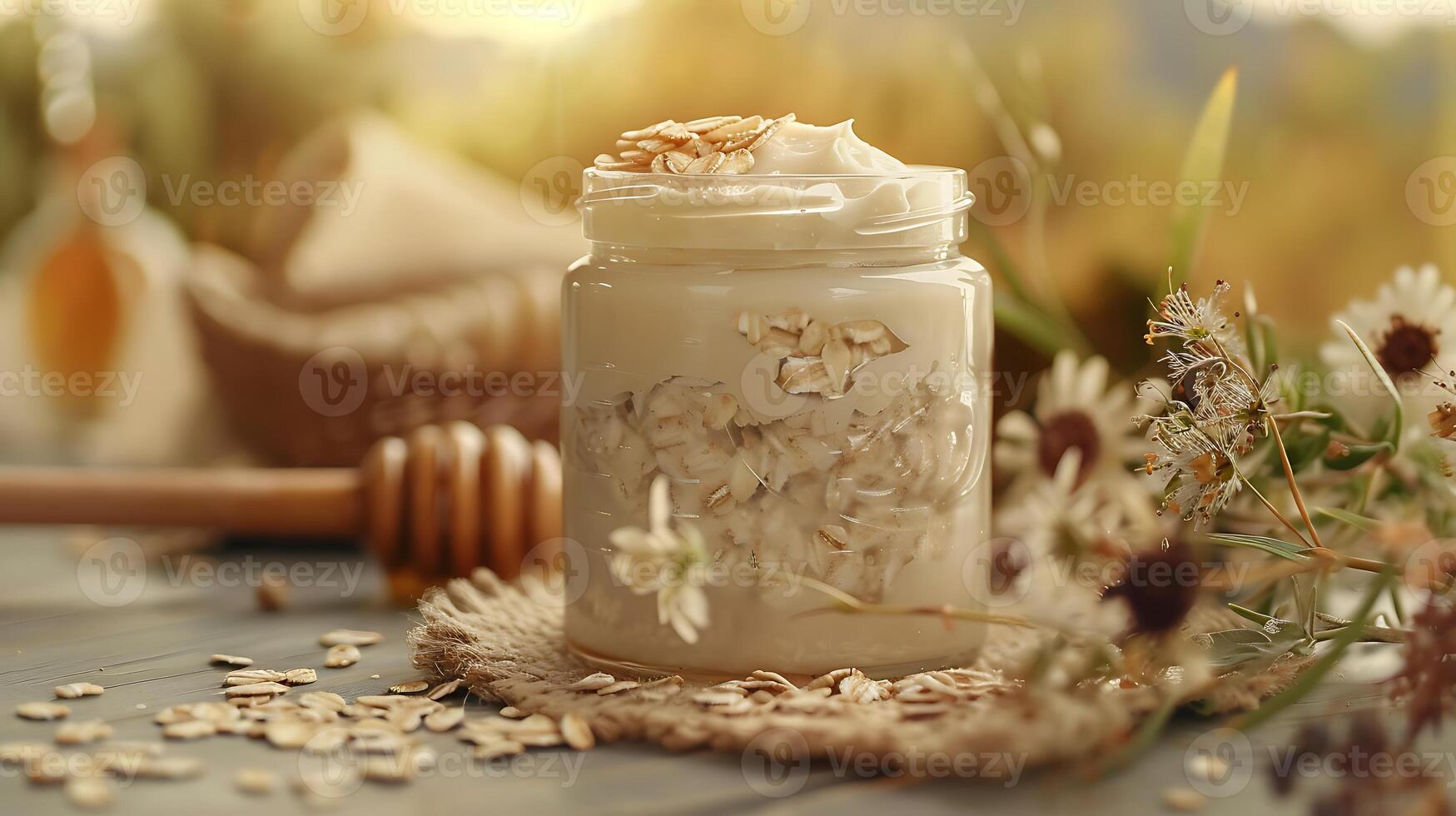 luxurious jar of oatmeal body butter displayed on a rustic wooden table alongside natural oats and sweet honey for a nourishing skincare routine. photo