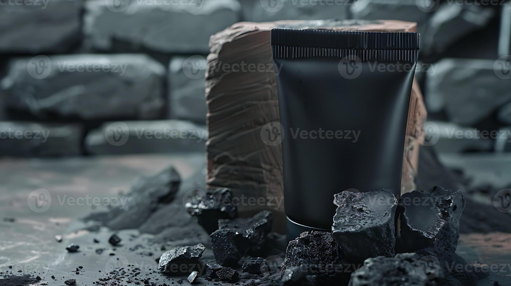 natural activated charcoal face mask tube with charcoal pieces on wooden table photo
