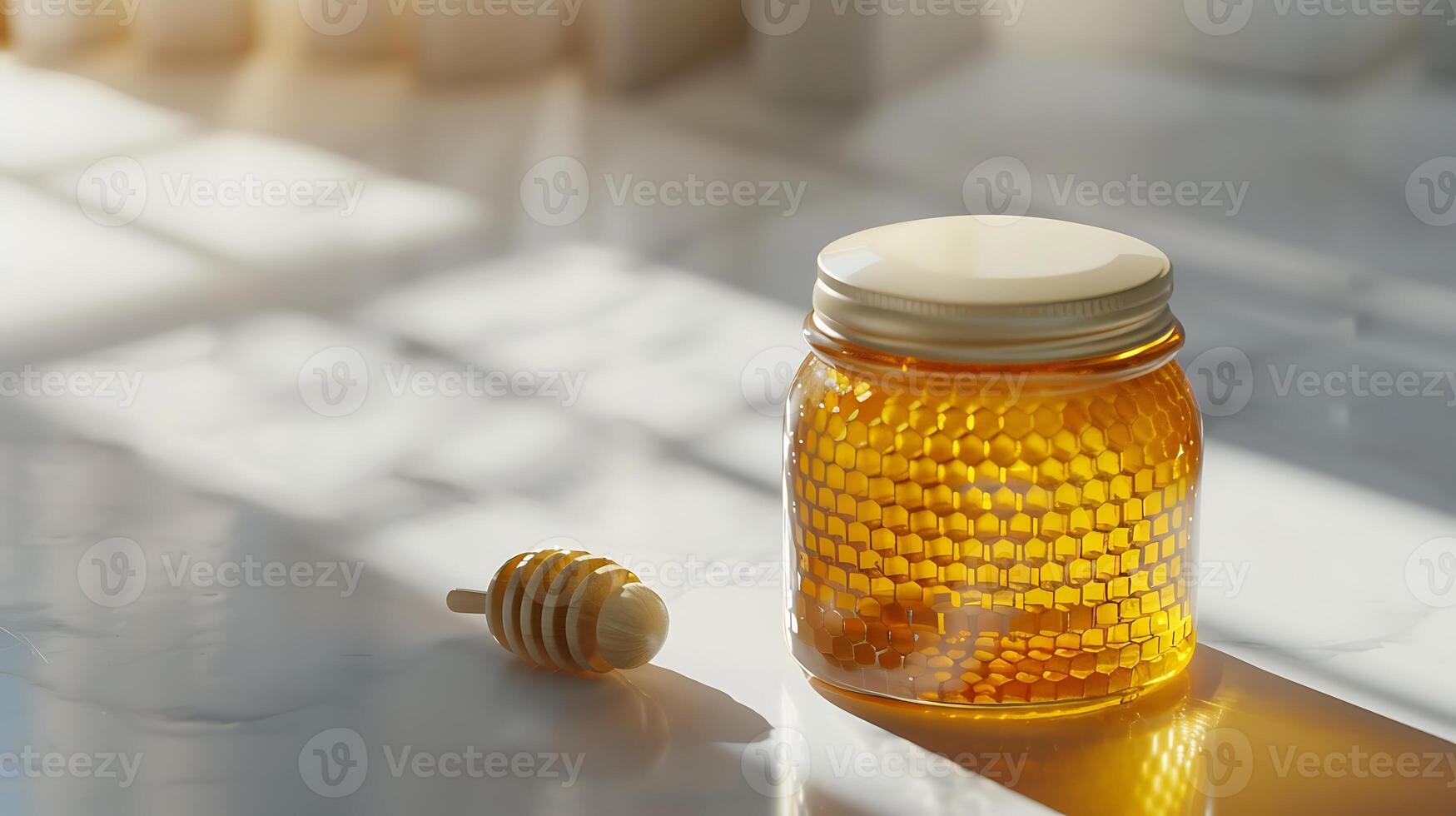 natural honey face mask in a glass jar on a clean white surface with a honeycomb aside photo