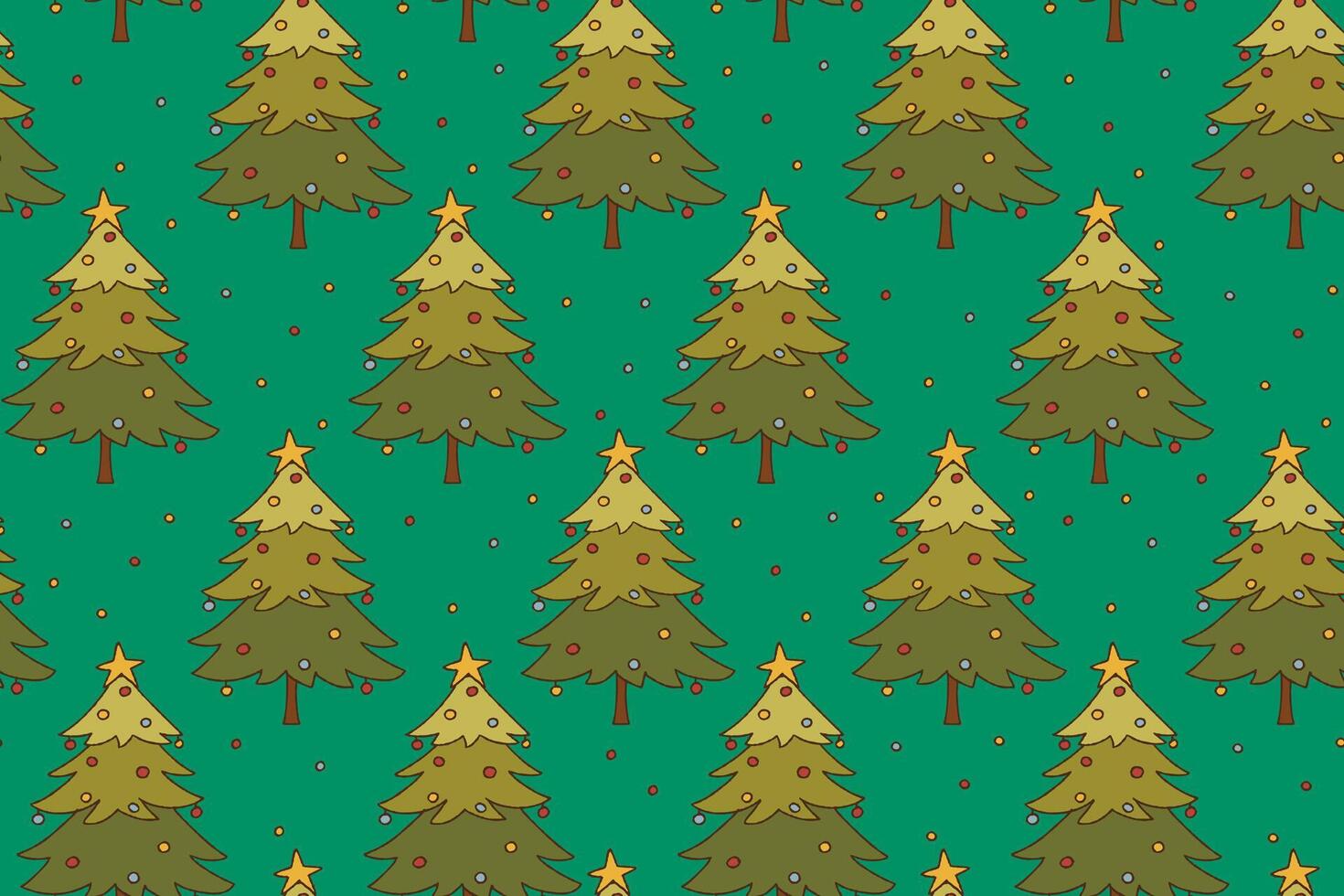 Christmas pattern with Christmas tree and balls on a green background. Hand drawn design for Holidays. Background perfect for print. vector
