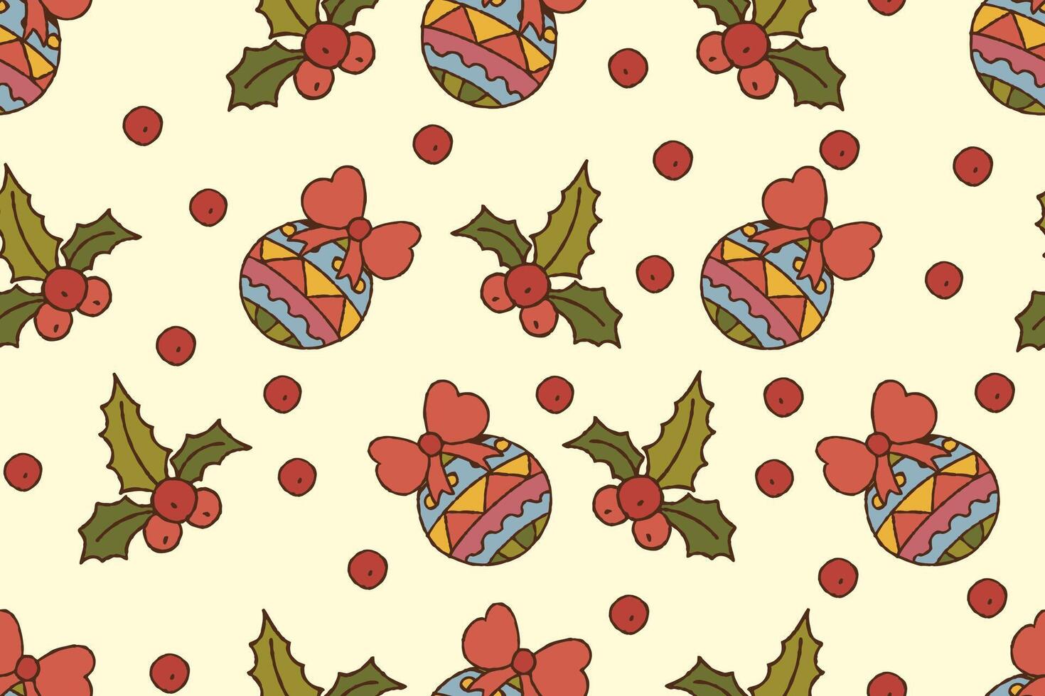 Christmas pattern with decorative balls with cute bows and holly leaves. Ideal for Christmas wrapping paper, greeting cards, print vector