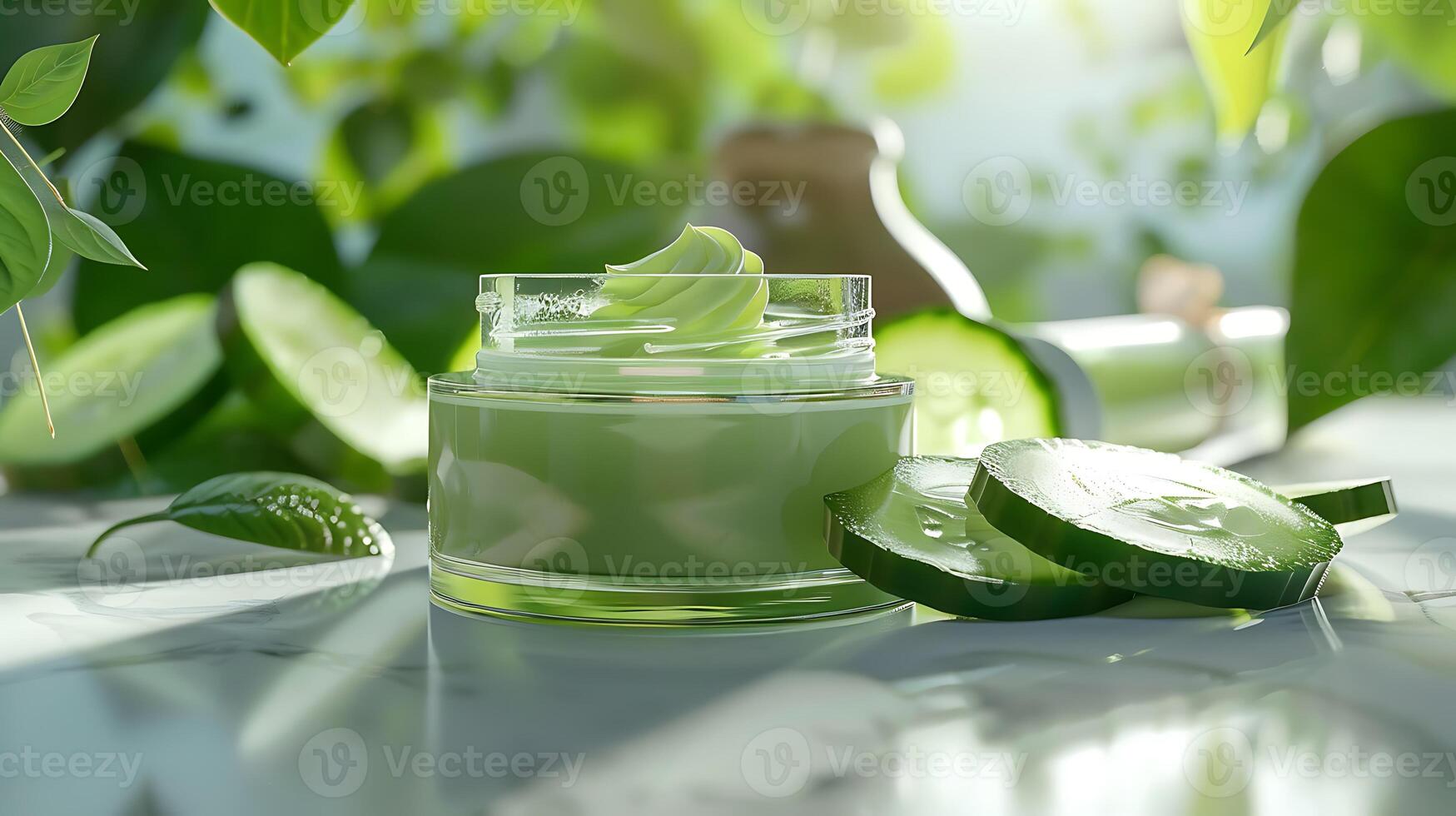 natural cucumber facial moisturizer with fresh cucumber slices and leaves on table photo