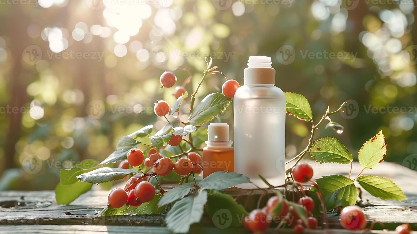 natural rosehip facial moisturizer displayed on a rustic wooden table with fresh rosehip berries and leaves for skincare routine. photo