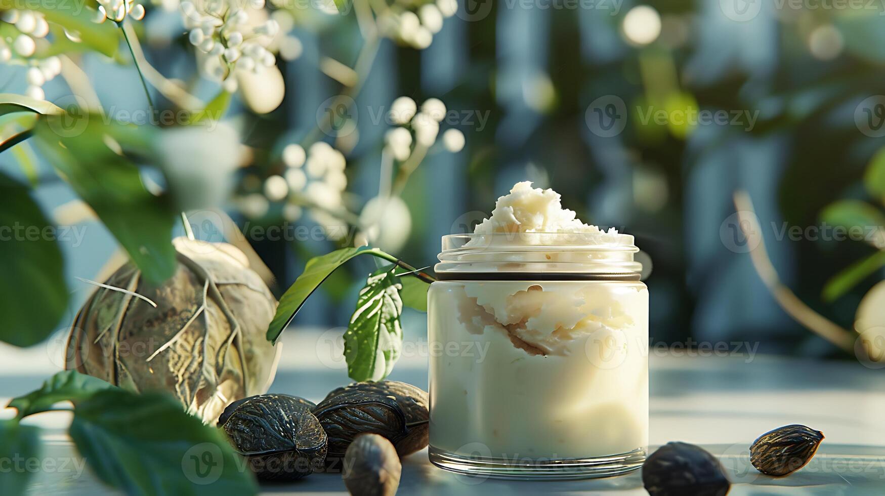 natural shea butter facial cleanser in a glass jar with shea nuts and leaves on wooden table photo