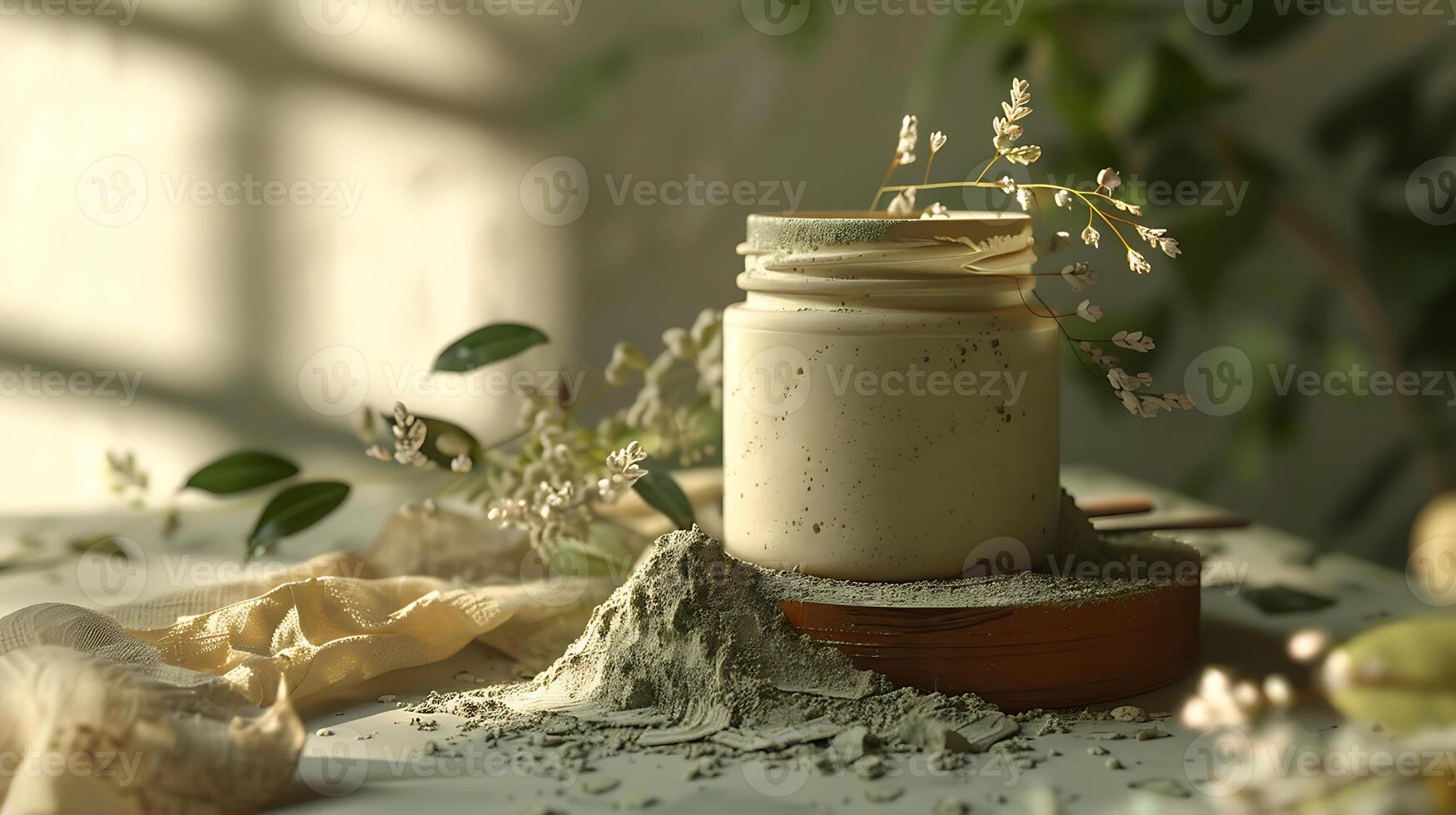 natural clay facial cleanser in a jar surrounded by herbal ingredients on a wooden table photo