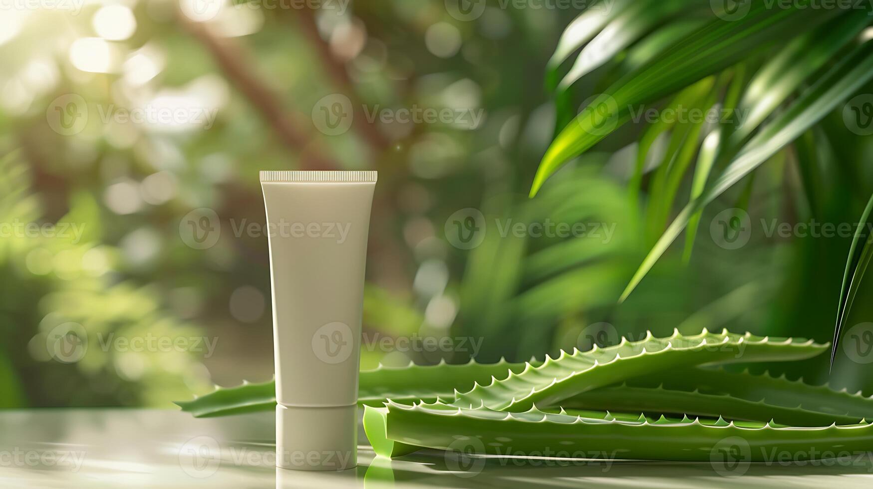 natural aloe vera facial cream in a tube displayed on a table with fresh aloe vera leaves for skincare routine photo