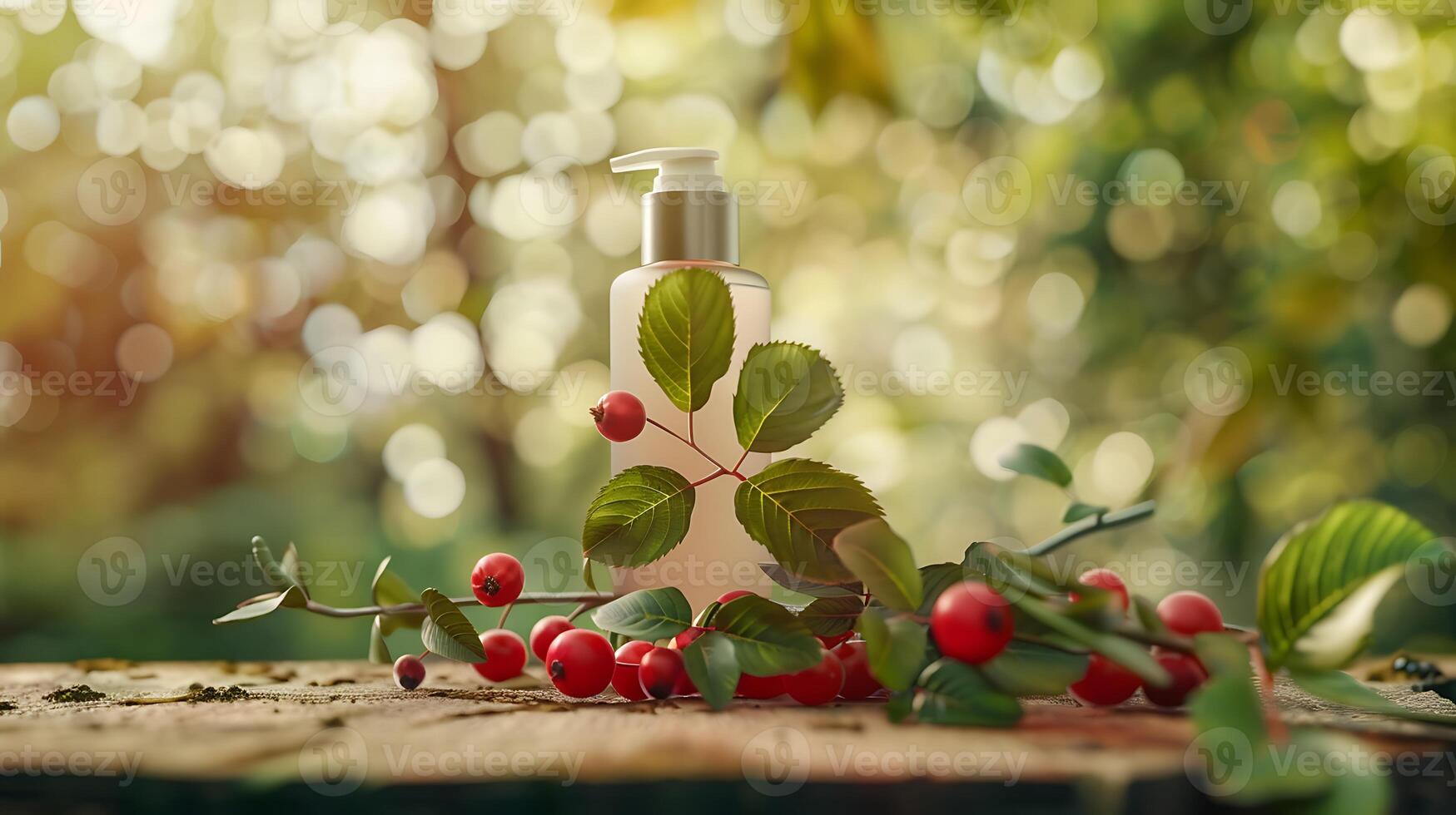 natural rosehip face cream displayed on a rustic wooden table with fresh rosehip berries and leaves for skincare routine. photo