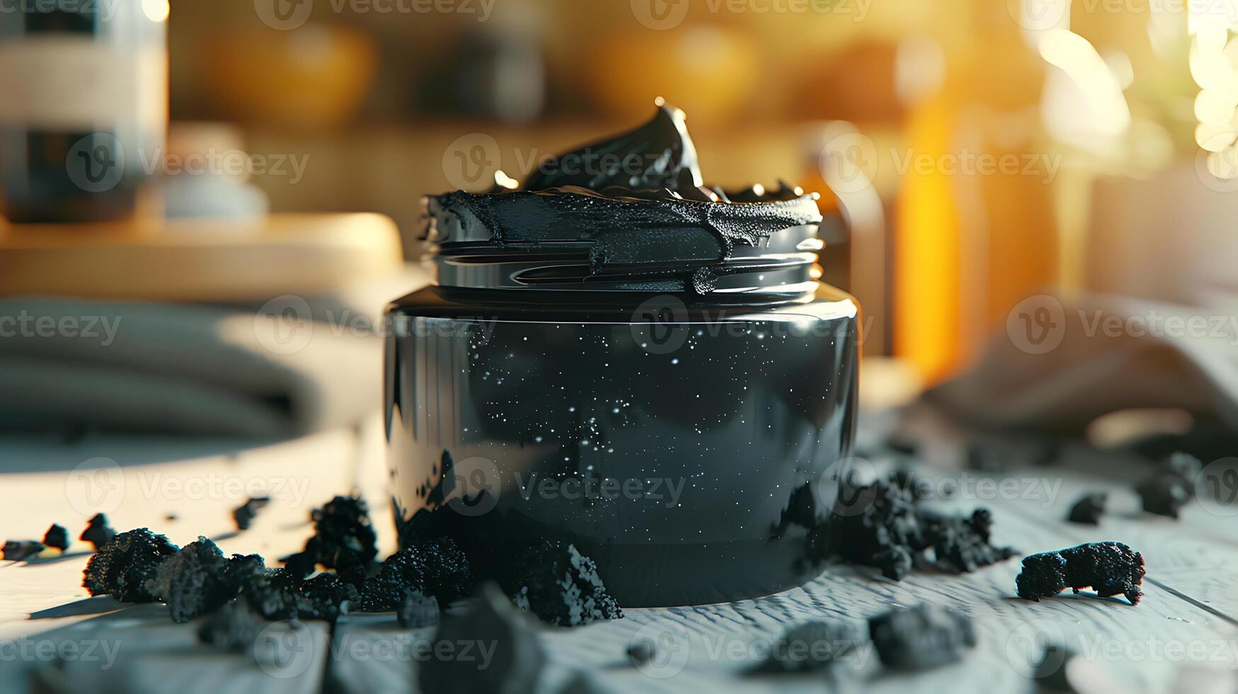 activated charcoal pieces arranged around a container of charcoal facial mask on a table photo