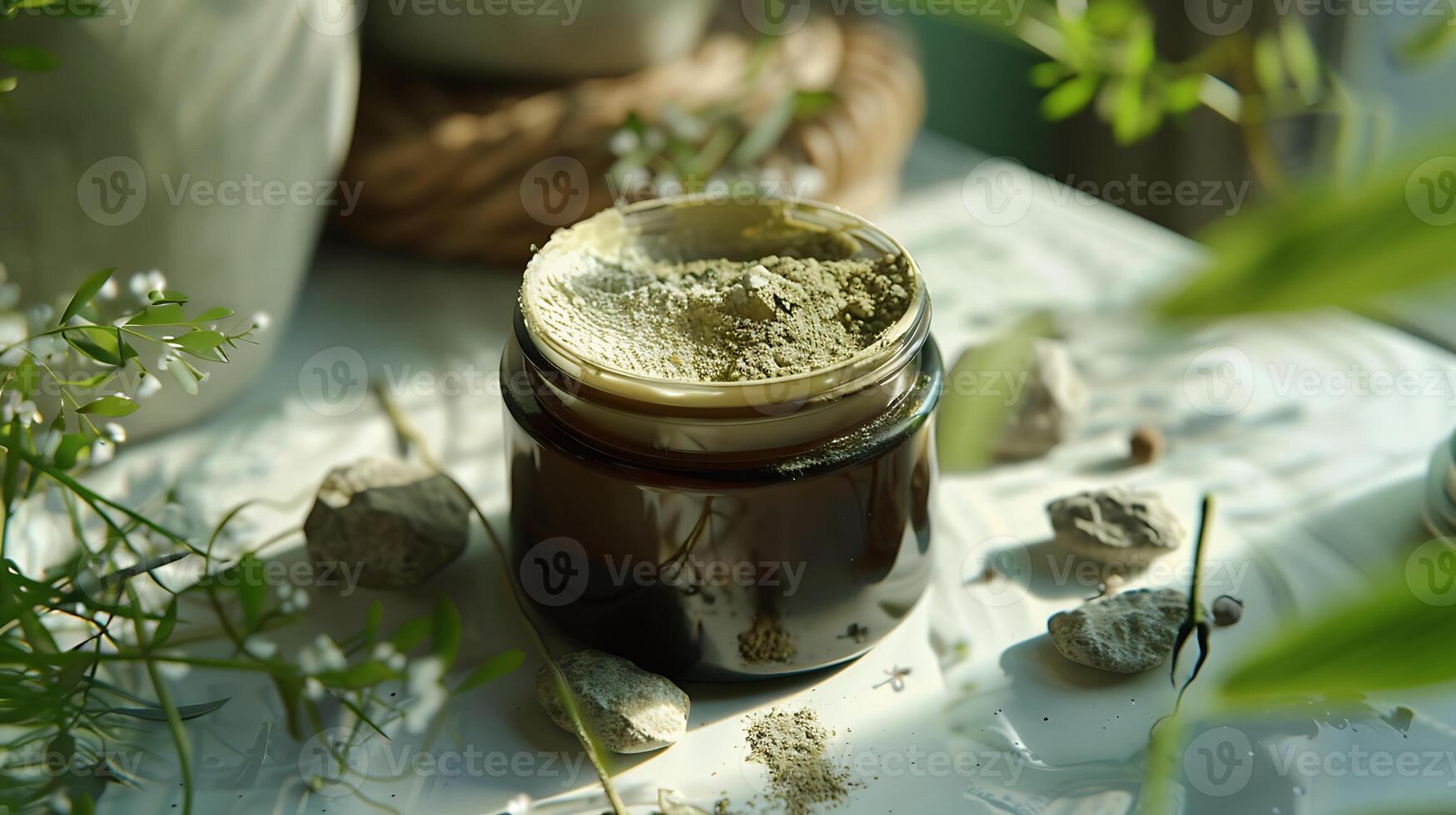 natural clay facial toner in a glass jar surrounded by chunks of clay and herbs on a wooden table. photo