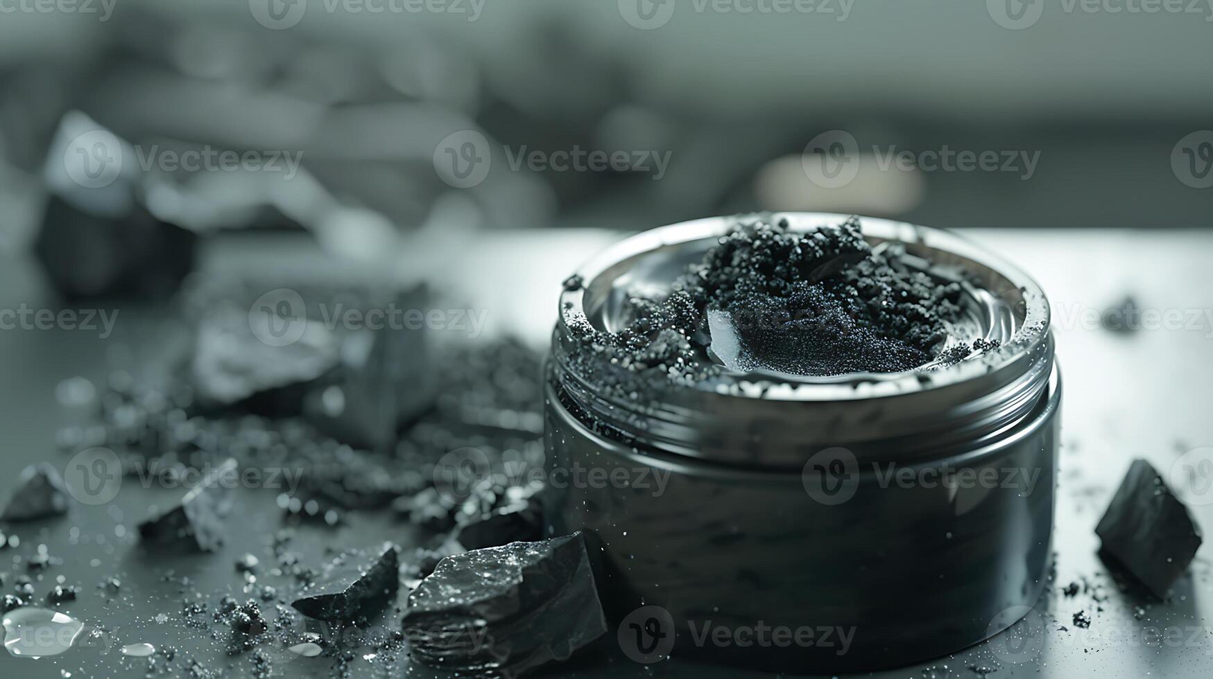 activated charcoal face wash container with charcoal pieces on a wooden table photo