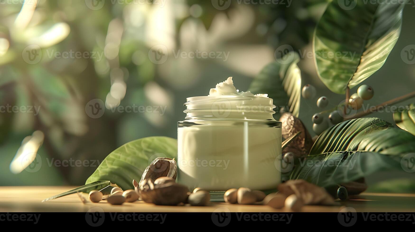 natural shea butter body lotion in a jar, surrounded by shea nuts and leaves on a wooden table. photo