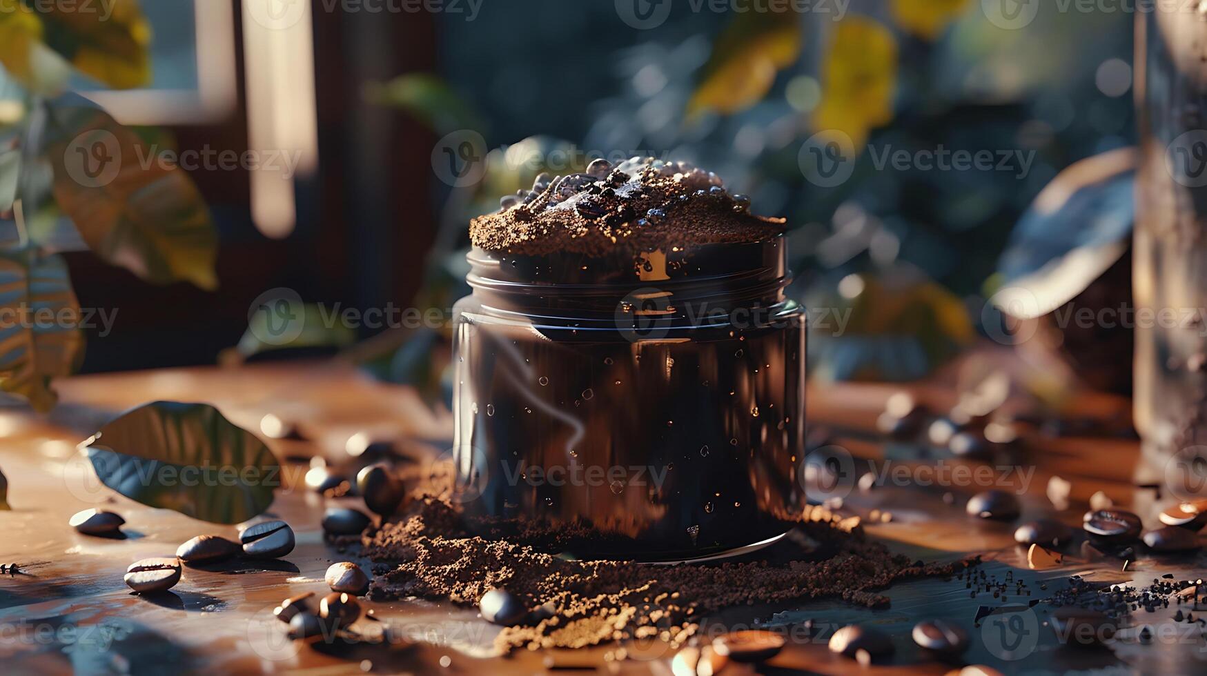 natural coffee facial scrub in a glass container surrounded by coffee beans and grounds on a wooden table photo