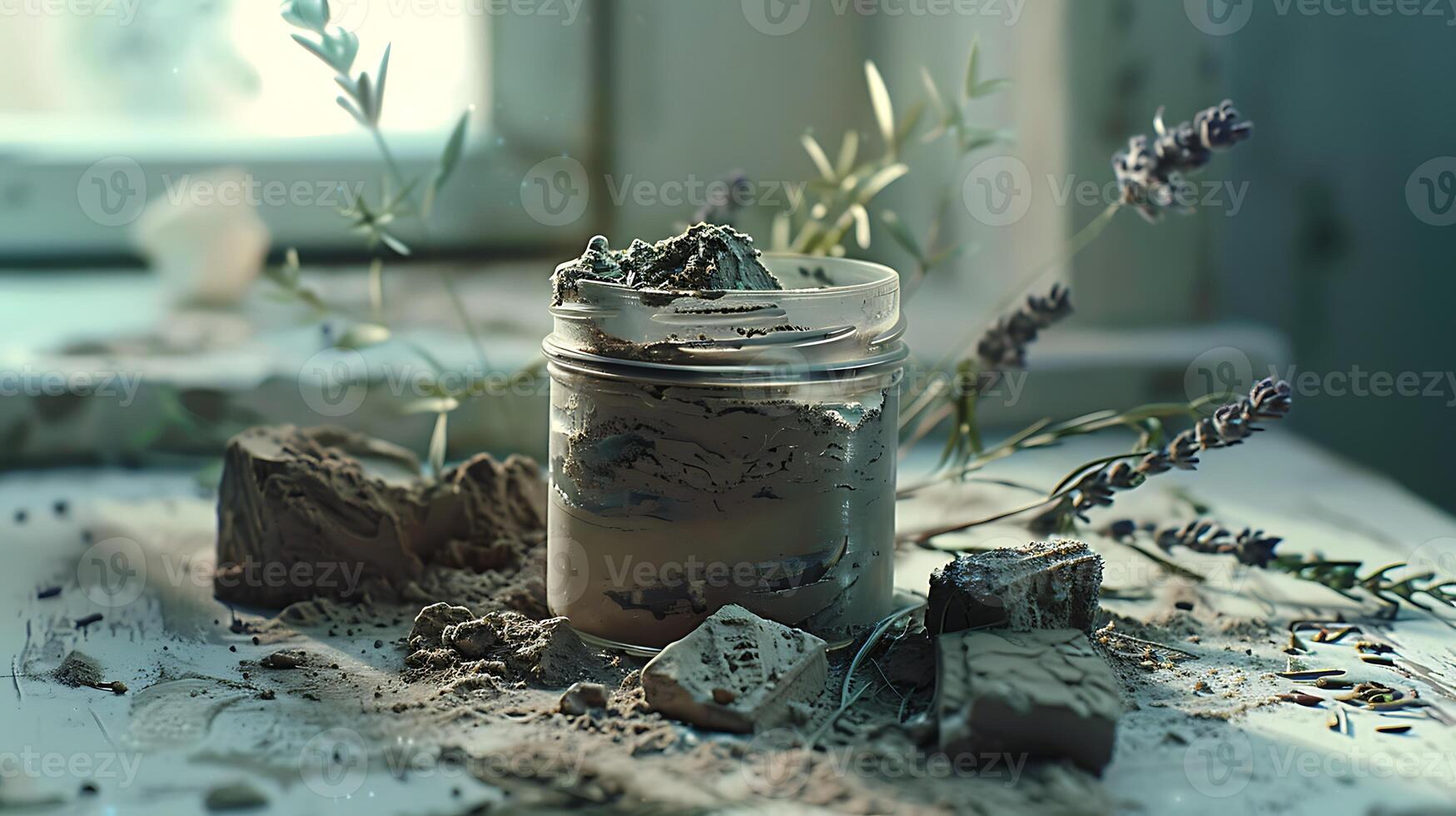 natural clay mask with herbs and mud chunks in a glass jar on a wooden table photo