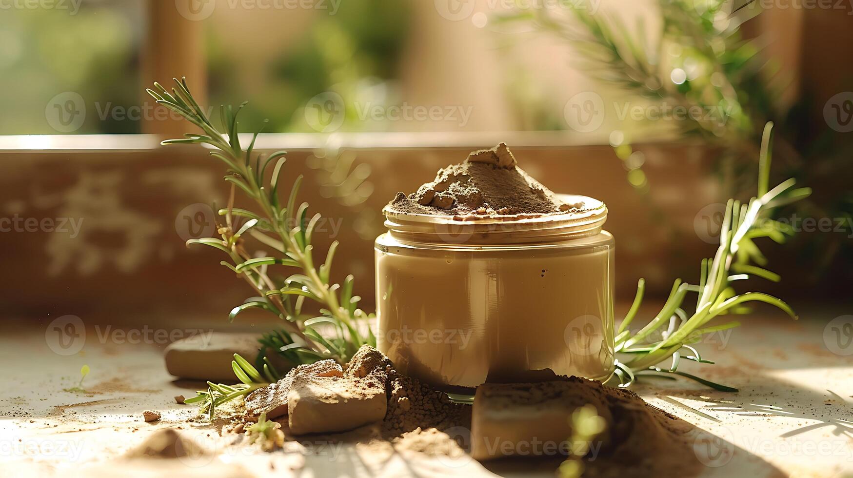 natural clay facial toner with herbs and clay chunks in a jar on a rustic table. photo